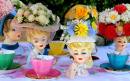 Vintage Lady Head Vasen und Teetassen