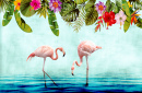 Tropische Pflanzen und Flamingos