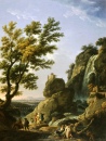 Landschaft mit Wasserfall und Figuren