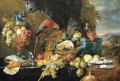 Ein reich gedeckter Tisch mit Papageien