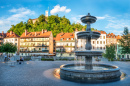 Brunnen und Schloss in Ljubljana, Slowenien