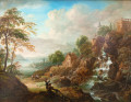 Flusslandschaft mit Wasserfall und Wassermühle