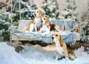 Beagle Hunde mit einem Weihnachtsbaum