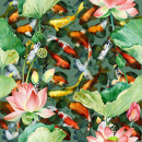 Koi Karpfen mit Lotusblumen