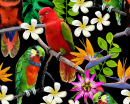 Exotische Vögel und tropische Blumen