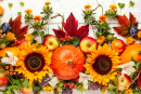 Kürbisse, Früchte und Herbstblätter