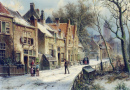 Figuren in einer schneebedeckten niederländischen Stadt