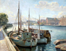Boote vor Anker an einem Kai, Kopenhagen