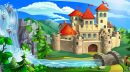 Mittelalterliches Märchenschloss in der Nähe eines Wasserfalls