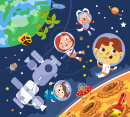 Astronauten in der Nähe der Raumstation und des Mondes