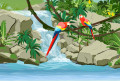 Ara-Papageien und ein Wasserfall im Dschungel