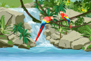 Ara-Papageien und ein Wasserfall im Dschungel
