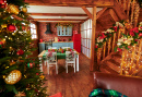 Weihnachtsgeschmücktes Holzhaus