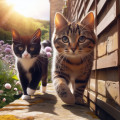 brown striped cat and a black and white cat strolling along a garden wall in the sunshine