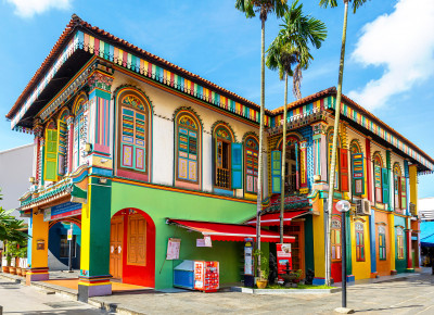 Bunte Gebäudefassade, Little India, Singapur