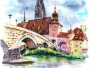 Aquarell der Steinernen Brücke in Regensburg
