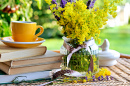 Bouquet of Meadow Flowers, Cup of Tea Or Coffee, Books On Table In Summer Garden. Relaxing, Reading Books, Vacations In Nature C