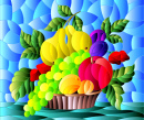 Illustration In Stained Glass Style With A Fruit Still Life , Ripe Berries and Fruit In A Basket On A Table On A Blue Background