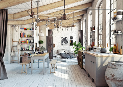 Dachgeschoss-Loft-Wohnung mit Kücheninterieur