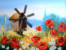 Ukrainische Windmühle und Wildblumen