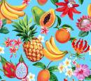 Hawaiianisches Muster mit tropischen Früchten und Blumen