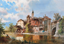 Wassermühle am Flussufer bei einer Stadt