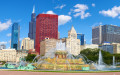 Skyline von Chicago mit Buckingham Fountain, USA