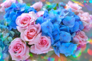 Blaue Hortensien und rosa Rosen