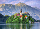 Sonnenaufgang über dem Bled-See, Slowenien