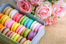 Nahaufnahme bunter Macarons und Rosen