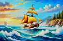 Schiff, Meer und Wellen