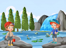 Angeln an einem Waldwasserfall