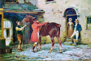 Ein Gentleman, der vor einer Taverne auf ein Pferd steigt
